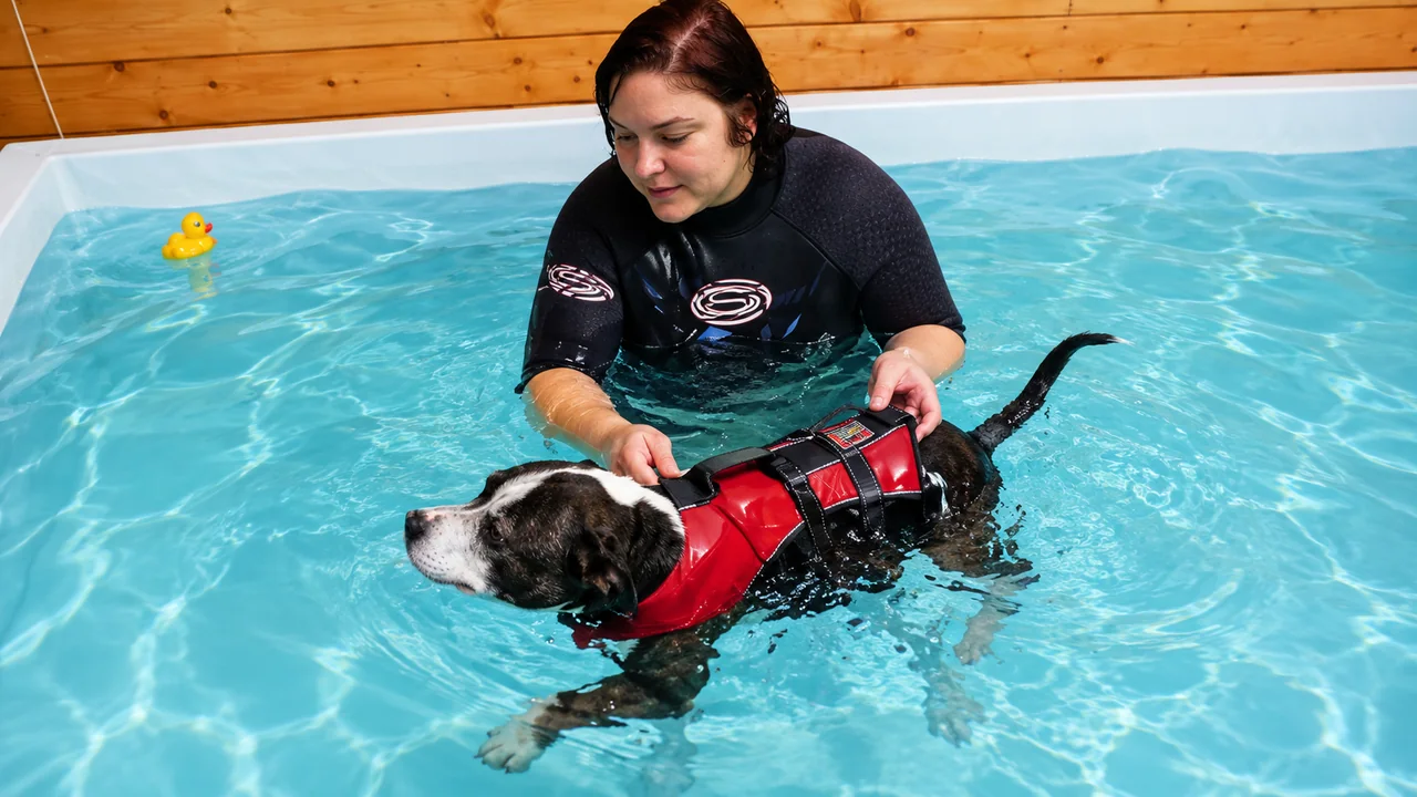 Dog swimming during hydrotherapy