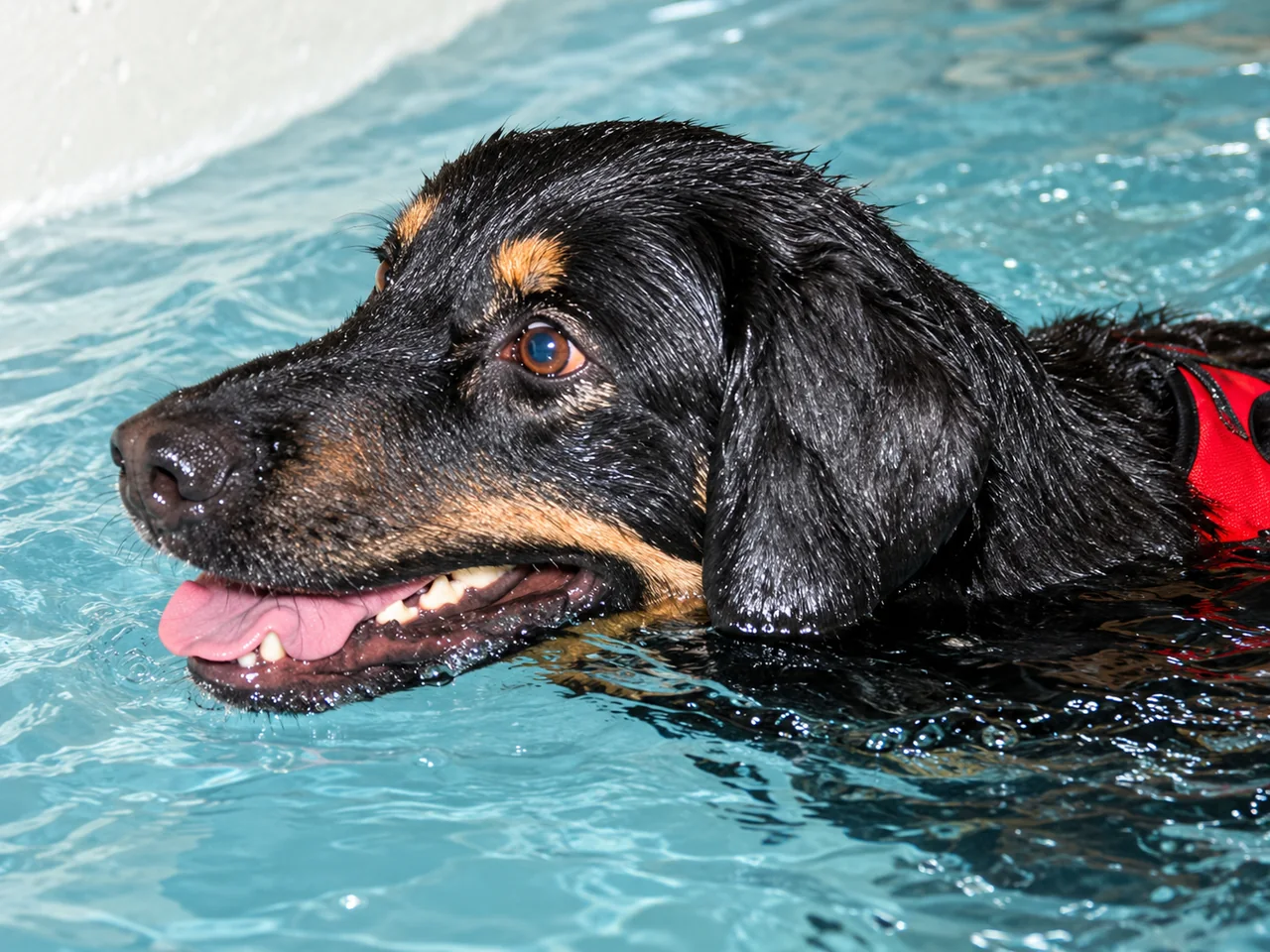 Dog swimming in the hydrotherapy pool