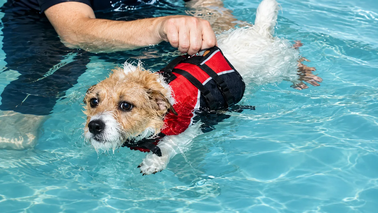 Small dog swimming during hydrotherapy